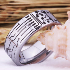 Men's 8mm Etched Circuit Board Polished Silver Tungsten Carbide Ring