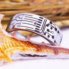 Men's 8mm Etched Circuit Board Polished Silver Tungsten Carbide Ring