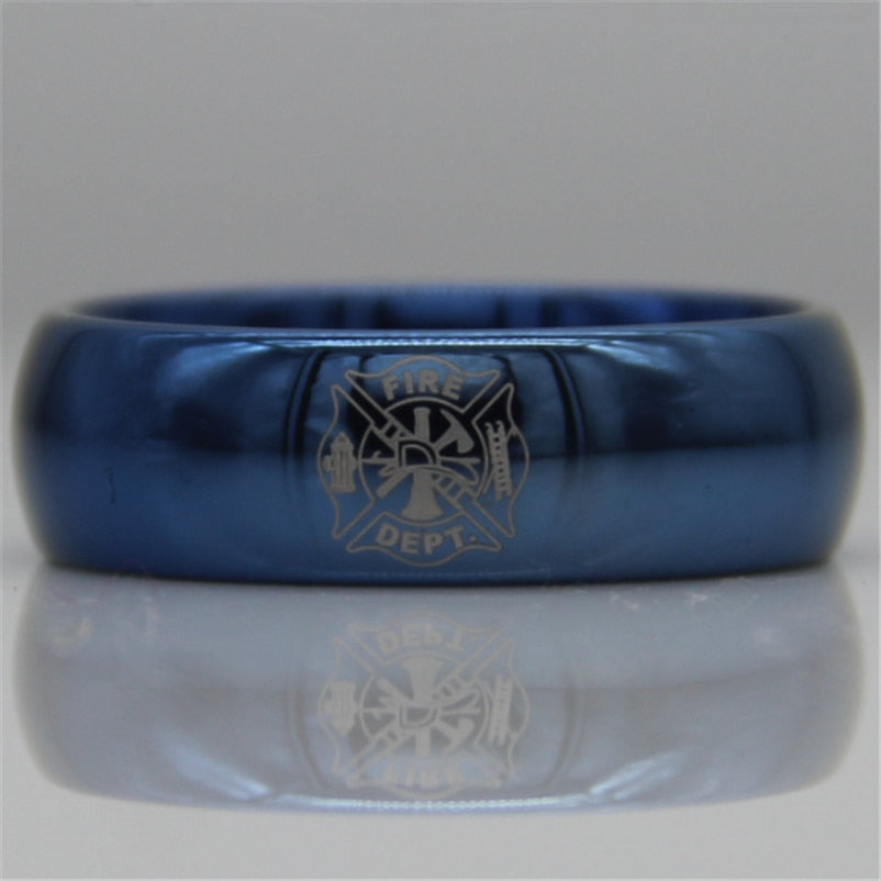 Men's 8mm Fire Fighter Engraved Domed Blue Tungsten Carbide Ring