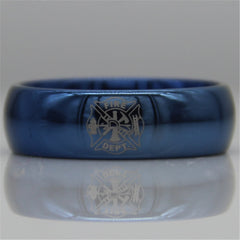 Men's 8mm Fire Fighter Engraved Domed Blue Tungsten Carbide Ring