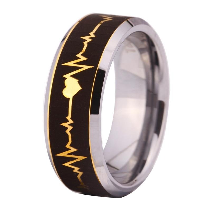 Men's 8mm Gold Laser Etched Heart Beat Silver Inner Tungsten Carbide Ring