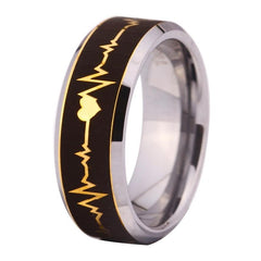Men's 8mm Gold Laser Etched Heart Beat Silver Inner Tungsten Carbide Ring