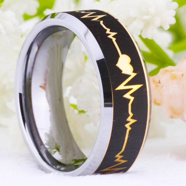 Men's 8mm Gold Laser Etched Heart Beat Silver Inner Tungsten Carbide Ring