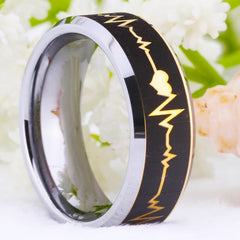 Men's 8mm Gold Laser Etched Heart Beat Silver Inner Tungsten Carbide Ring