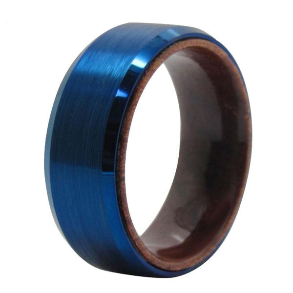Men's 8mm Matte Blue Bevel With Wood Inlay Tungsten Carbide Ring