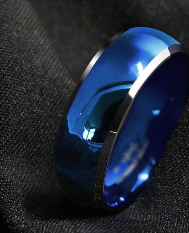 Men's 8mm Polished Blue Domed Beveled Silver Edges Tungsten Carbide Ring