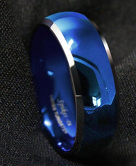 Men's 8mm Polished Blue Domed Beveled Silver Edges Tungsten Carbide Ring