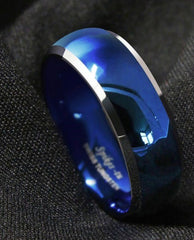 Men's 8mm Polished Blue Domed Beveled Silver Edges Tungsten Carbide Ring