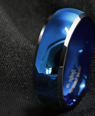 Men's 8mm Polished Blue Domed Beveled Silver Edges Tungsten Carbide Ring