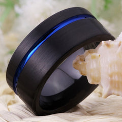 Men's 10mm Blue Offset Groove Black Tungsten Carbide Ring