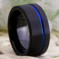 Men's 10mm Blue Offset Groove Black Tungsten Carbide Ring