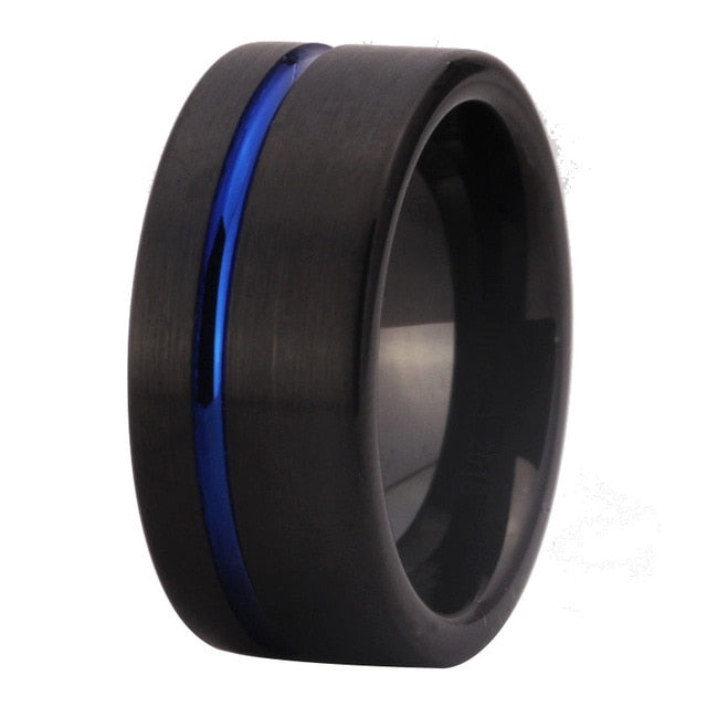 Men's 10mm Blue Offset Groove Black Tungsten Carbide Ring
