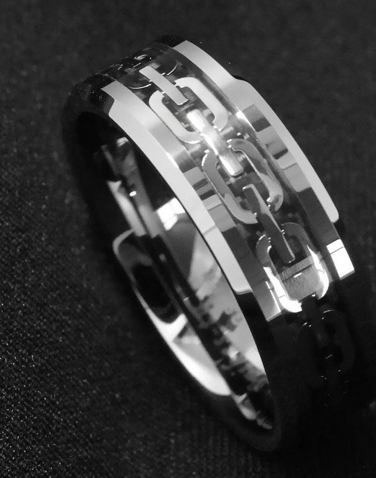 Men's 8mm Silver Chain Inlay Polished Silver Tungsten Carbide Ring