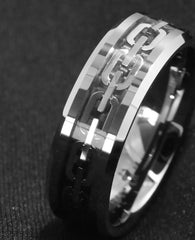 Men's 8mm Silver Chain Inlay Polished Silver Tungsten Carbide Ring
