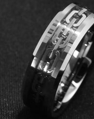 Men's 8mm Silver Chain Inlay Polished Silver Tungsten Carbide Ring