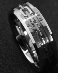 Men's 8mm Silver Chain Inlay Polished Silver Tungsten Carbide Ring