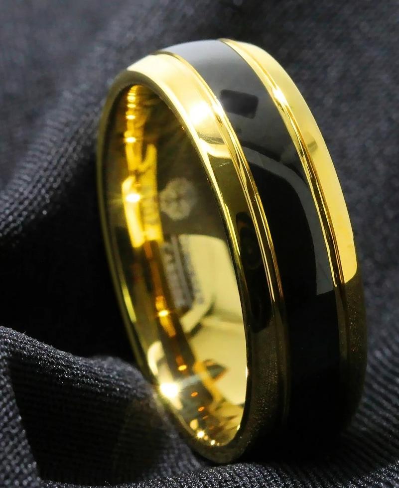 Men's 8mm Dome Black Inlay Gold Tungsten Carbide Ring