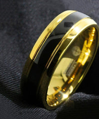 Men's 8mm Dome Black Inlay Gold Tungsten Carbide Ring