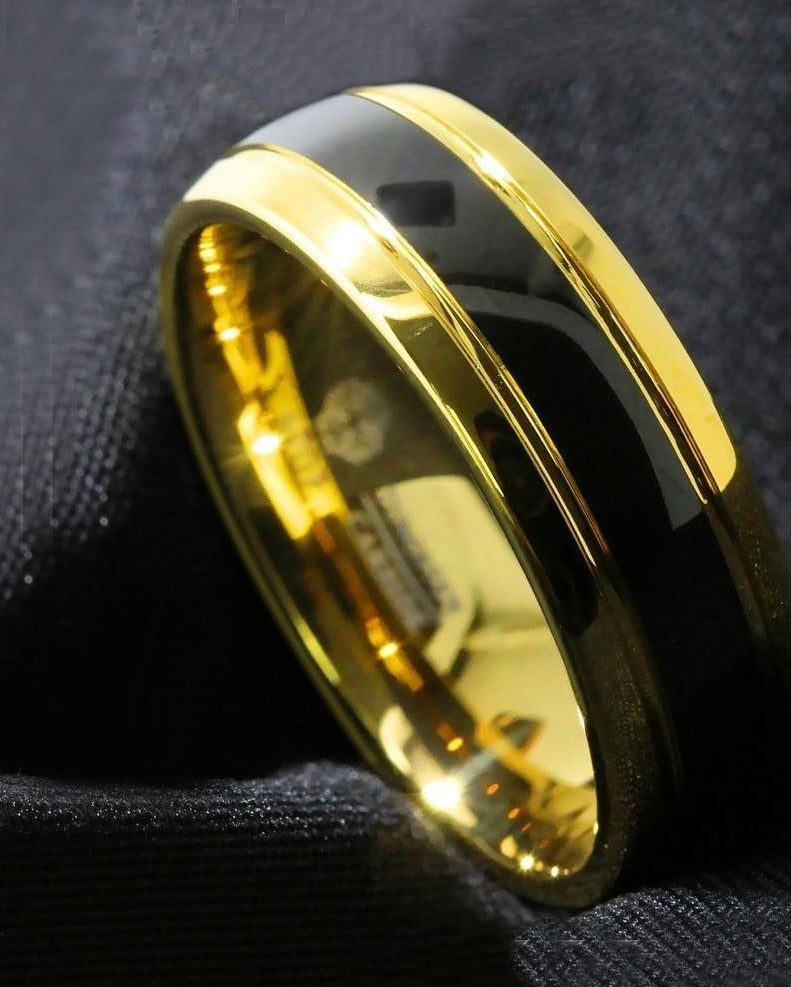 Men's 8mm Dome Black Inlay Gold Tungsten Carbide Ring