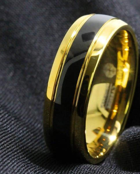 Men's 8mm Dome Black Inlay Gold Tungsten Carbide Ring