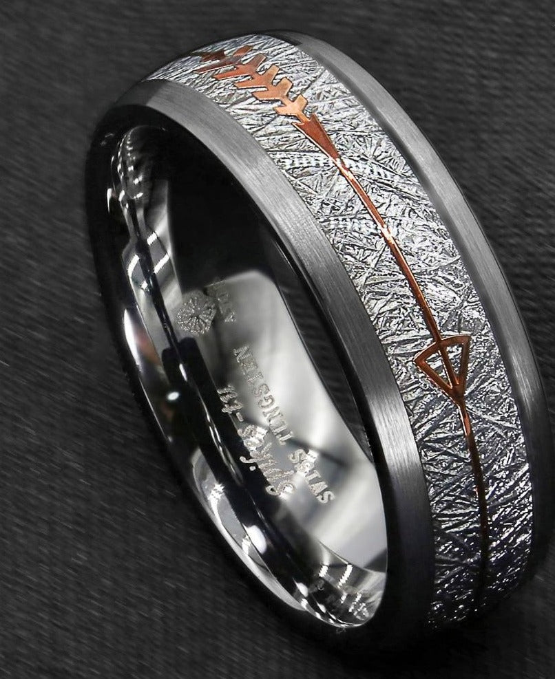 Men's 8mm Rock Gray Inlay Rose Gold Arrow Tungsten Carbide Ring