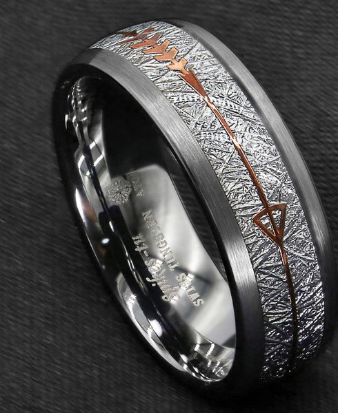 Men's 8mm Rock Gray Inlay Rose Gold Arrow Tungsten Carbide Ring