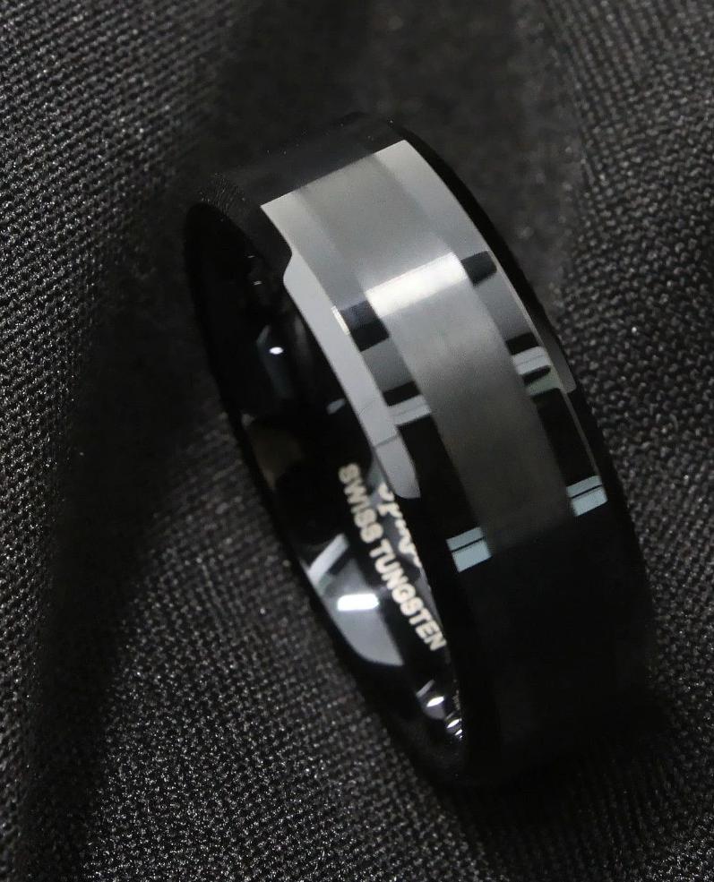 Men's 8mm Brushed Center Polished Black Tungsten Carbide Ring