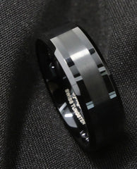 Men's 8mm Brushed Center Polished Black Tungsten Carbide Ring