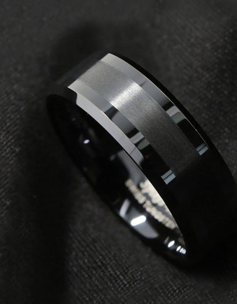 Men's 8mm Brushed Center Polished Black Tungsten Carbide Ring