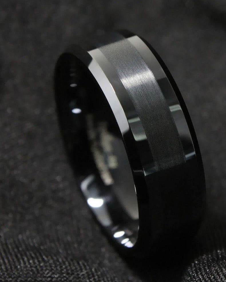 Men's 8mm Brushed Center Polished Black Tungsten Carbide Ring
