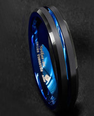 Men's 6mm  Blue Inlay Brushed Black Tungsten Carbide Ring