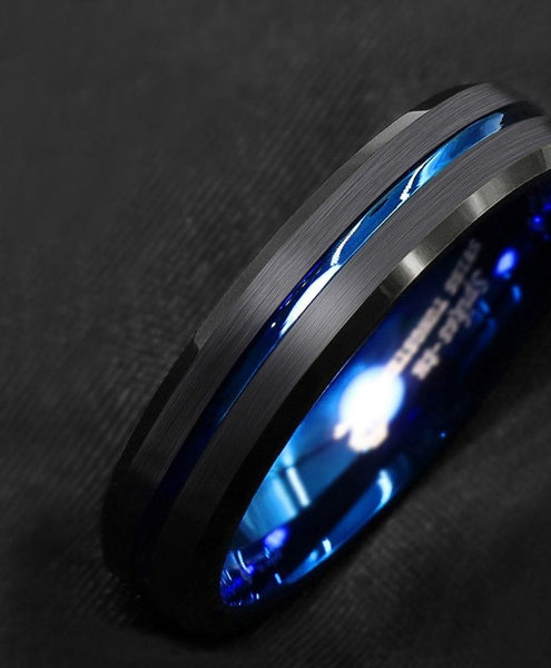 Men's 6mm  Blue Inlay Brushed Black Tungsten Carbide Ring