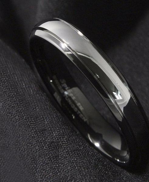 Men's 6mm Dome Black Bevel Silver Inlay Tungsten Carbide Ring