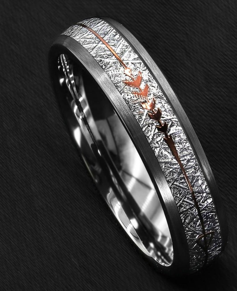 Men's 6mm Rock Gray Inlay Rose Gold Arrow Tungsten Carbide Ring