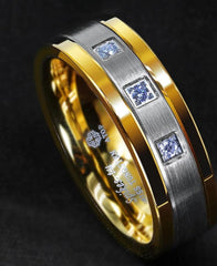 Men's 8mm Brushed Silver and Blue CZ Inlay Golden Bevel Inner Tungsten Carbide Ring