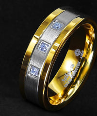 Men's 8mm Brushed Silver and Blue CZ Inlay Golden Bevel Inner Tungsten Carbide Ring