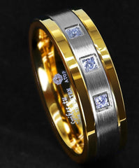 Men's 8mm Brushed Silver and Blue CZ Inlay Golden Bevel Inner Tungsten Carbide Ring