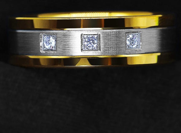 Men's 8mm Brushed Silver and Blue CZ Inlay Golden Bevel Inner Tungsten Carbide Ring