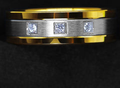 Men's 8mm Brushed Silver and Blue CZ Inlay Golden Bevel Inner Tungsten Carbide Ring