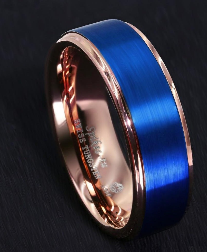 Men's 8mm Brushed Blue Inlay Rose Gold Bevel Inner Tungsten Carbide Ring