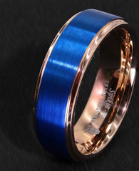 Men's 8mm Brushed Blue Inlay Rose Gold Bevel Inner Tungsten Carbide Ring