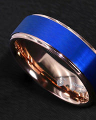 Men's 8mm Brushed Blue Inlay Rose Gold Bevel Inner Tungsten Carbide Ring