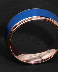 Men's 8mm Brushed Blue Inlay Rose Gold Bevel Inner Tungsten Carbide Ring