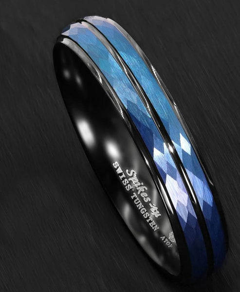 Men's 6mm Hammered Blue Black Inner Tungsten Carbide Ring