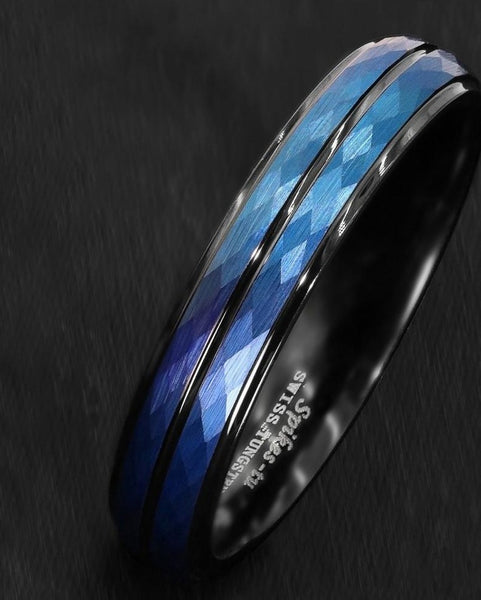 Men's 6mm Hammered Blue Black Inner Tungsten Carbide Ring