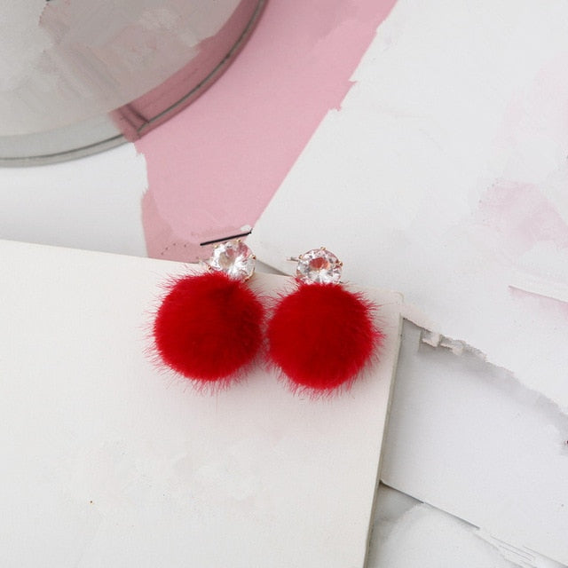 Red Pom Pom And Diamond Post Earrings