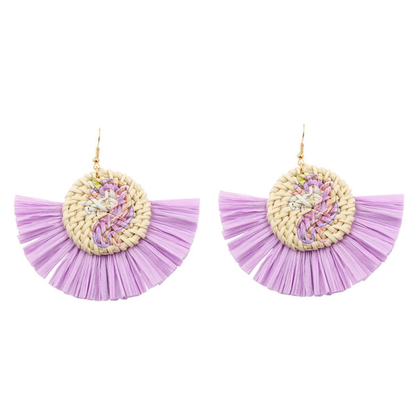 Cream and Pink Unicorn Wicker Hoop Fringe Earrings