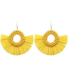 Leopard Print Wicker Woven Round Coin and Fringe Earrings