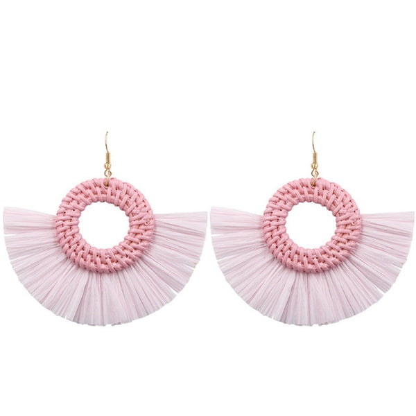 Light Pink Wicker Hoop Fringe Earrings